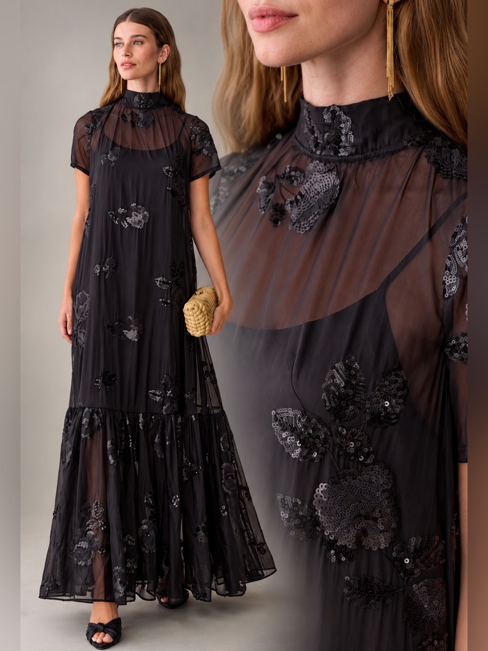 NWT Caara Melody Sequin Black Onyx Rose Few Moda Rare Dress M